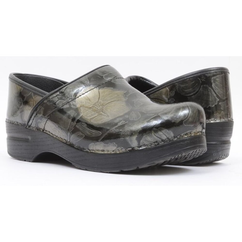 Dansko Womens 7.5 EU 38 Professional Black Foil Leather Nursing Clog Shoes Comfy